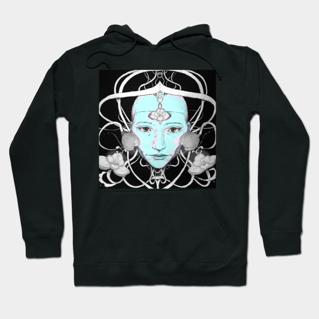 Wise cyber robot girl with blue skin entwined with mystical flowers and wires Hoodie by Takeshi Kolotov